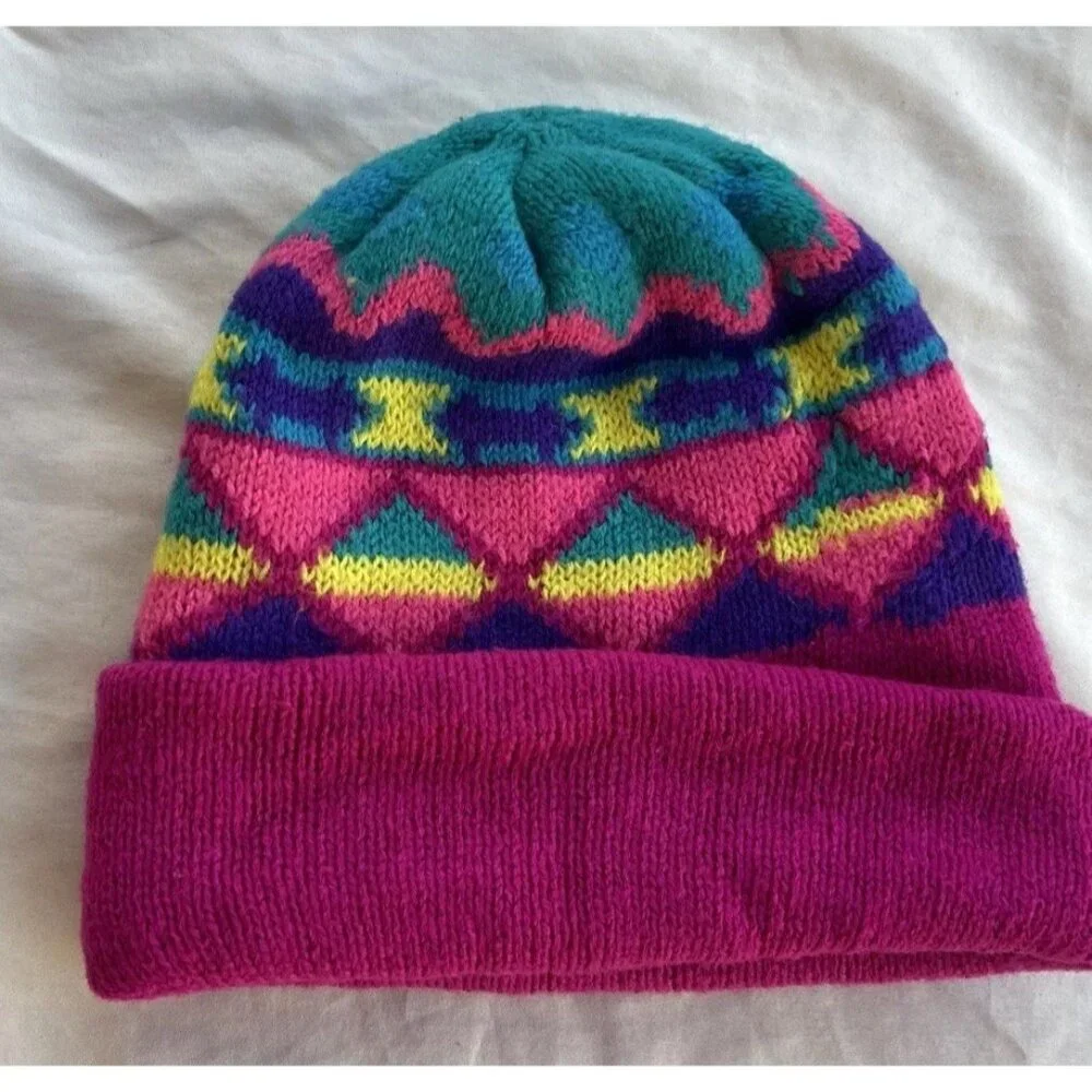 Vintage 90s Fleece Lined Acrylic Navajo Aztec Teal Purple Geometric Beanie Girls